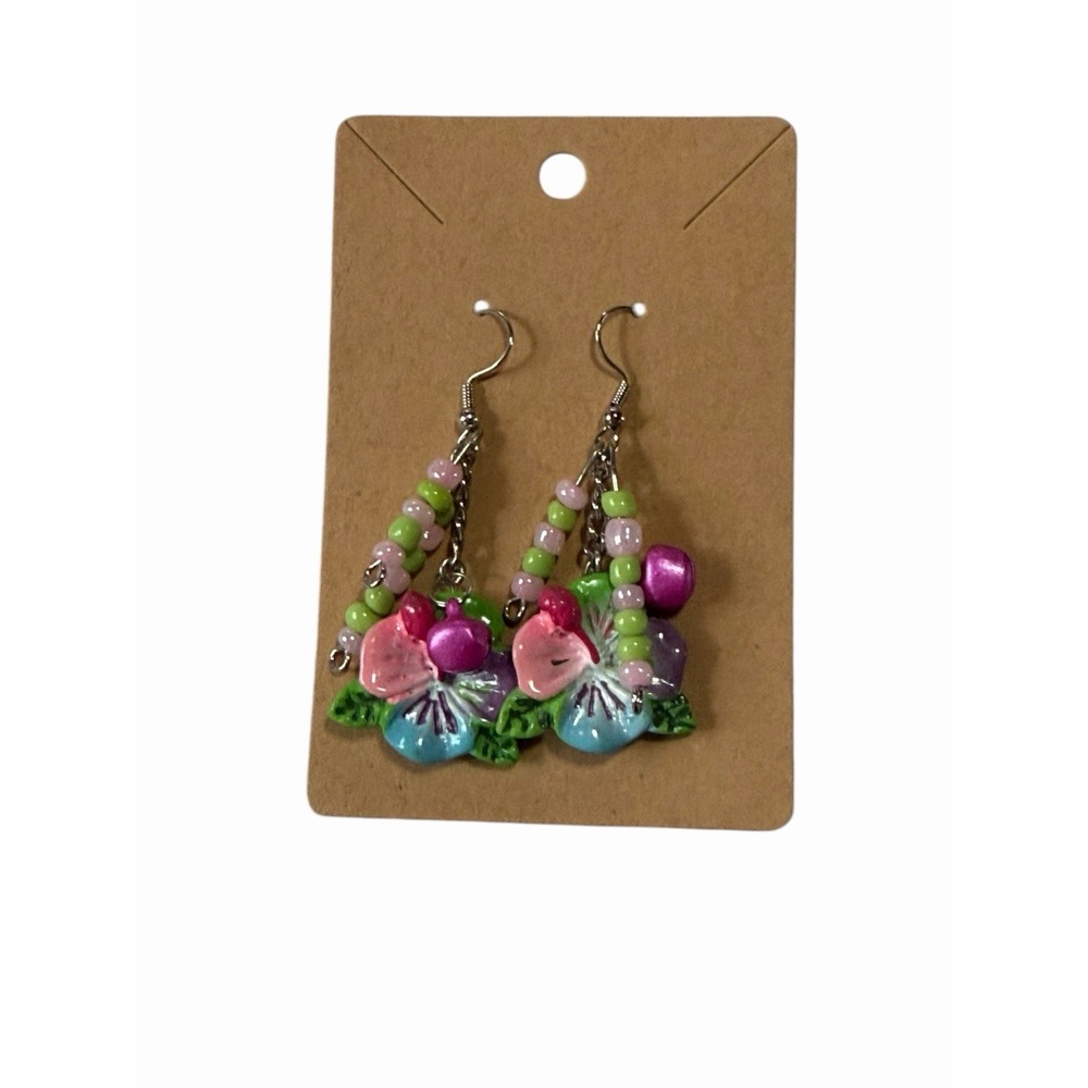 Floral‎ Pansy Dangle Earrings Pink Purple Blue Beaded Boho Garden Style